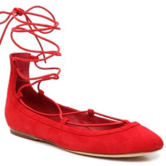 JOIE Jenessa Ballet Flats Cherry Red Suede Women Size 7.5/38 Lace Up Leather - Picture 2 of 13